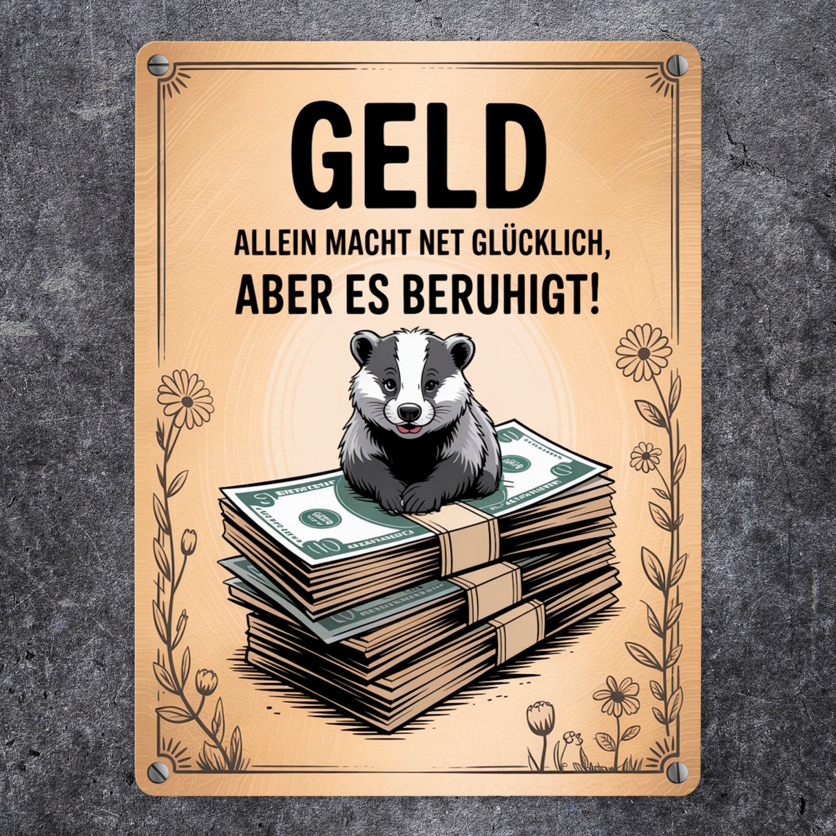 Dachs auf Banknoten Metallschild in 15x20 cm Geld macht glücklich
