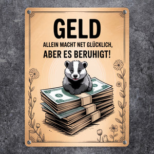 Dachs auf Banknoten Metallschild in 15x20 cm Geld macht glücklich