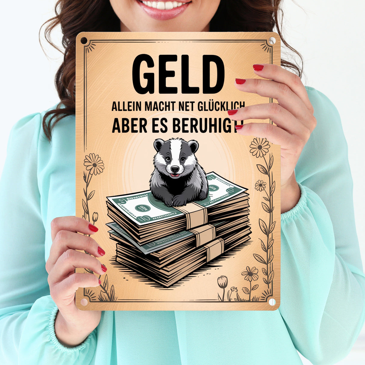 Dachs auf Banknoten Metallschild in 15x20 cm Geld macht glücklich