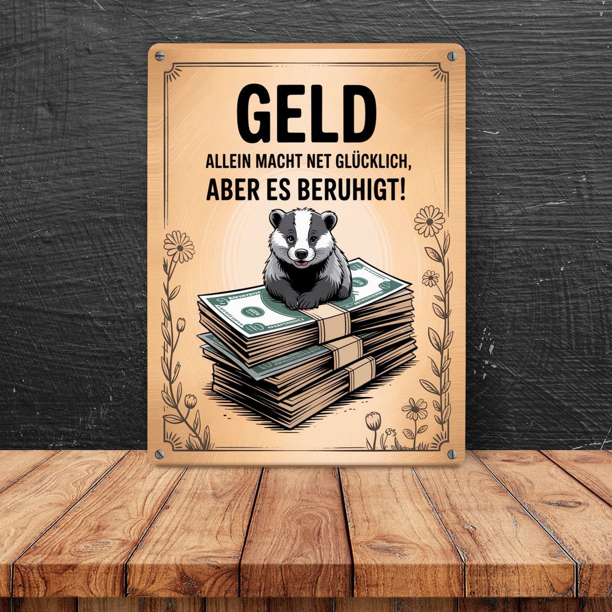 Dachs auf Banknoten Metallschild in 15x20 cm Geld macht glücklich