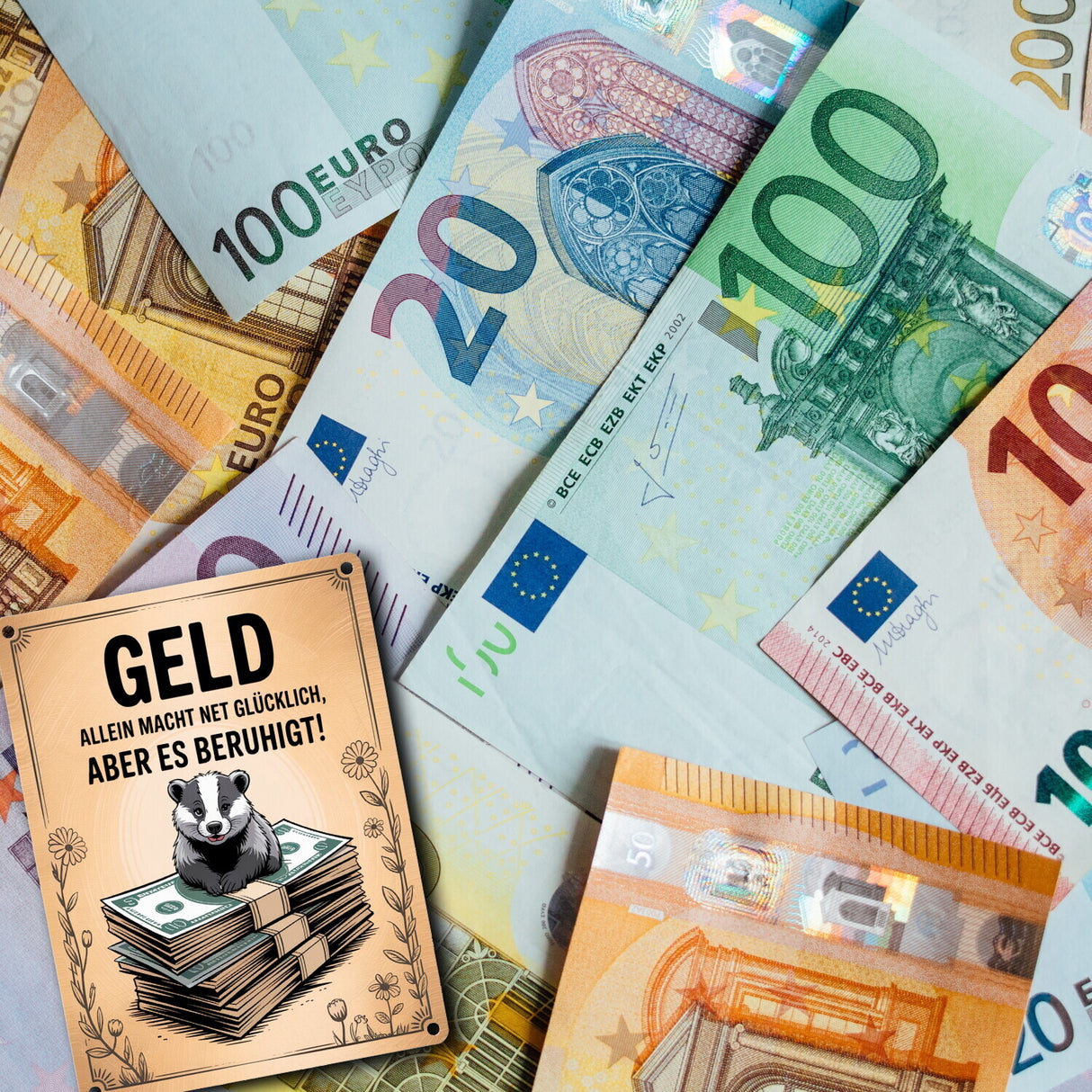 Dachs auf Banknoten Metallschild in 15x20 cm Geld macht glücklich