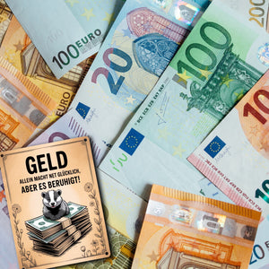Dachs auf Banknoten Metallschild in 15x20 cm Geld macht glücklich