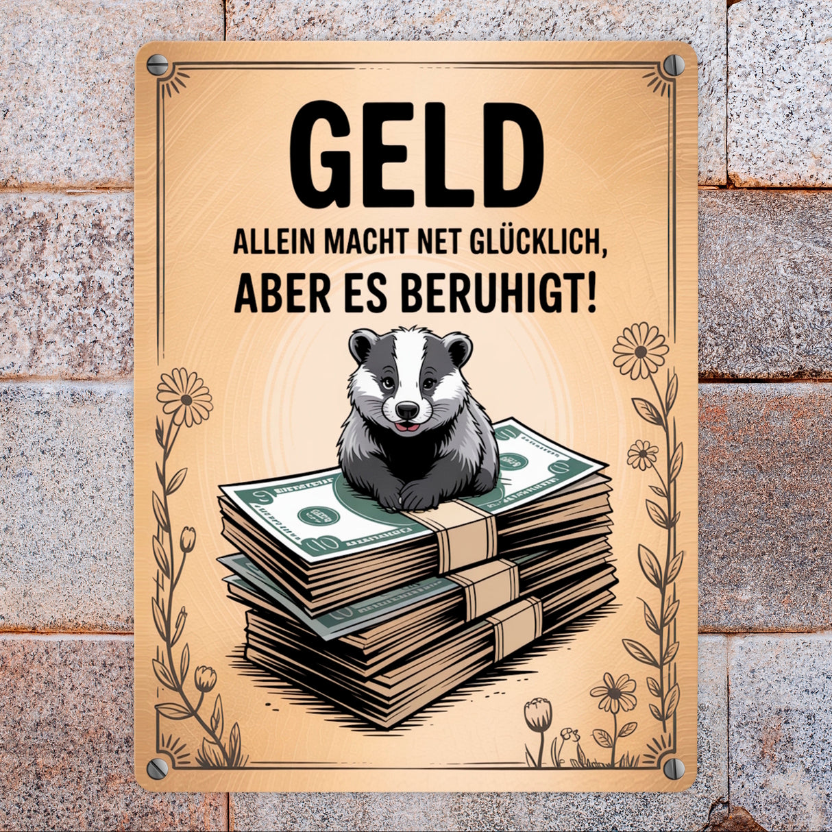 Dachs auf Banknoten Metallschild in 15x20 cm Geld macht glücklich
