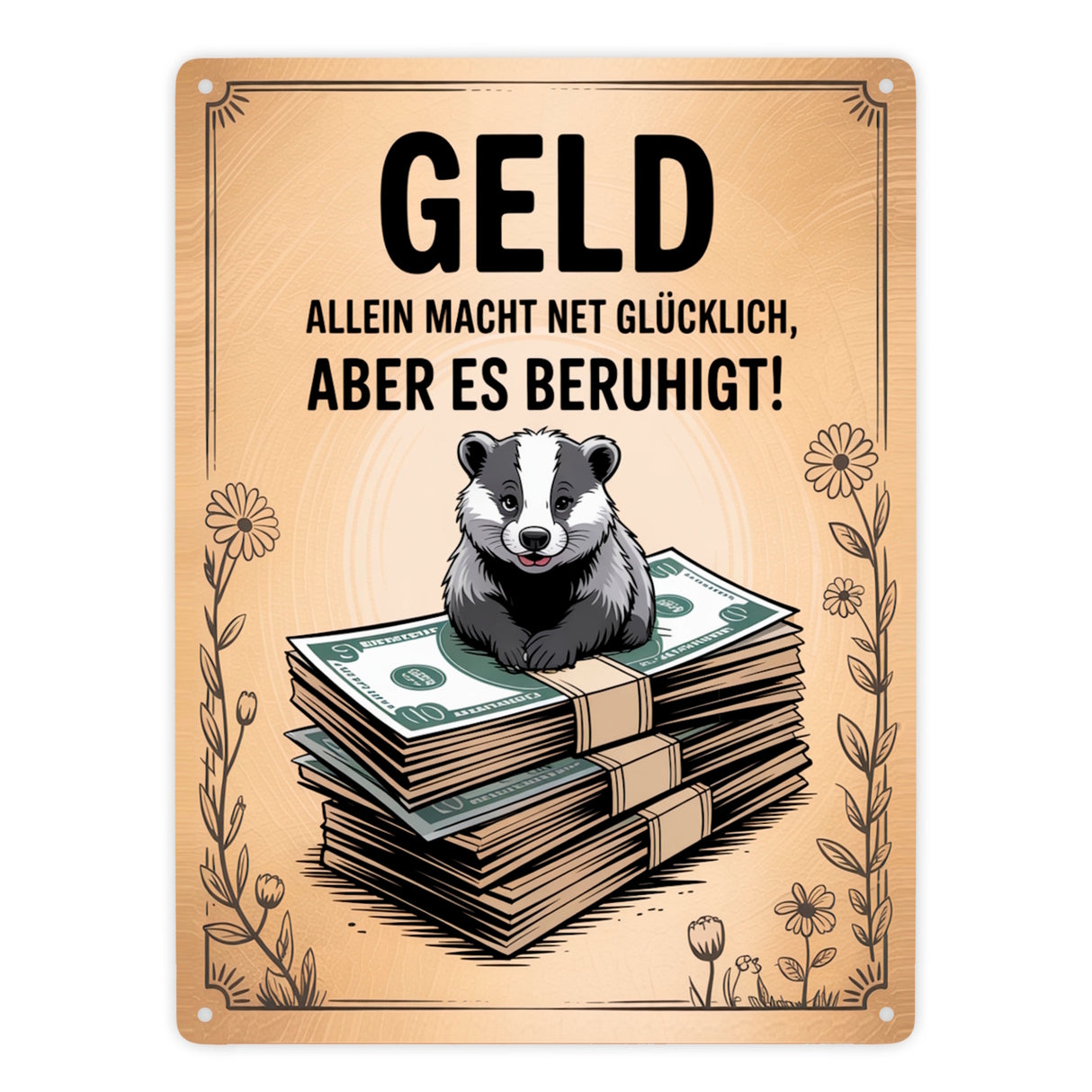 Dachs auf Banknoten Metallschild in 15x20 cm Geld macht glücklich