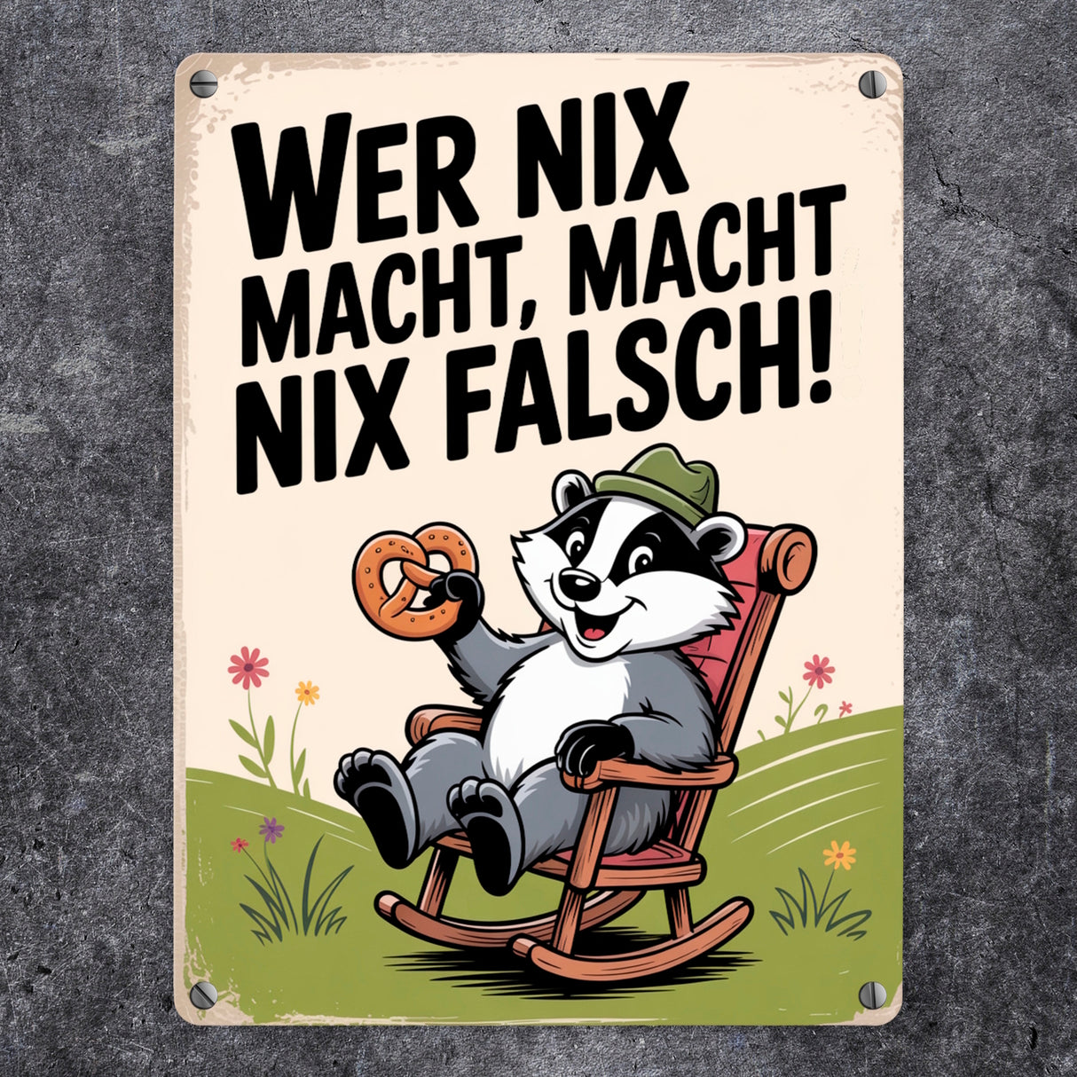 Dachs im Liegestuhl mit Brezel Spruch Metallschild in 15x20 cm