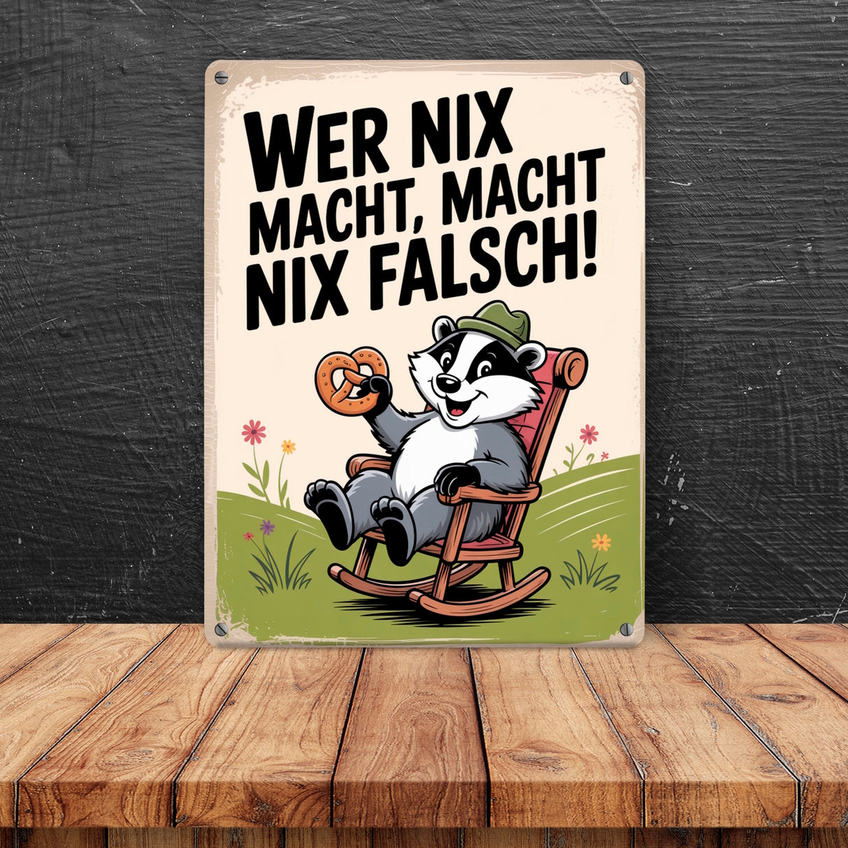 Dachs im Liegestuhl mit Brezel Spruch Metallschild in 15x20 cm