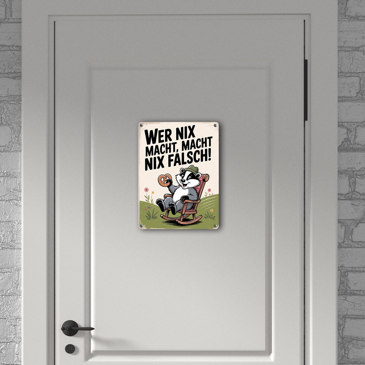 Dachs im Liegestuhl mit Brezel Spruch Metallschild in 15x20 cm