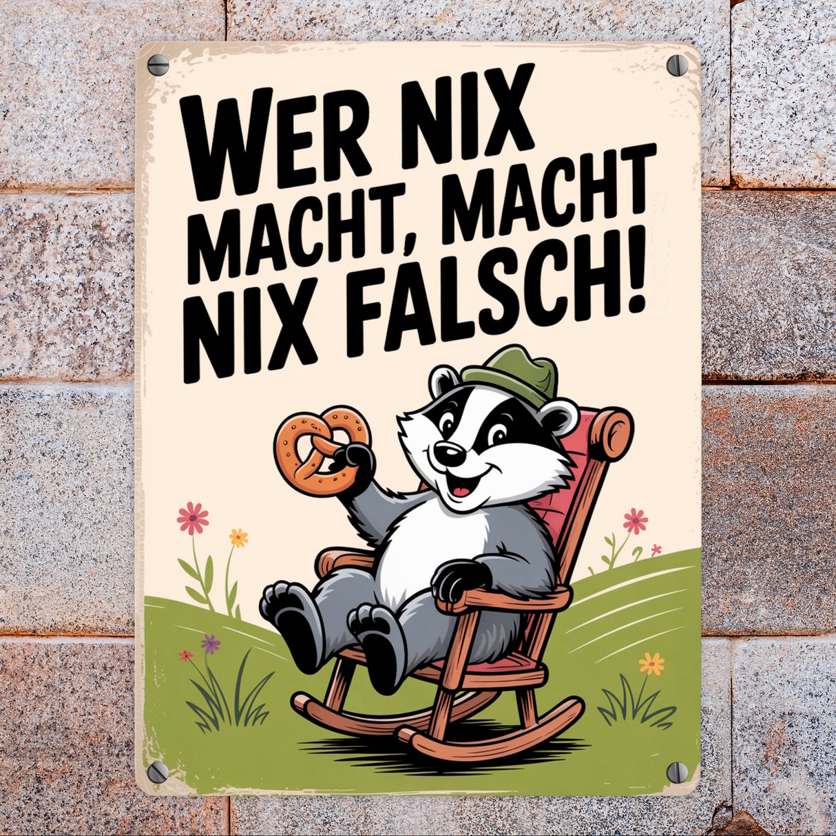 Dachs im Liegestuhl mit Brezel Spruch Metallschild in 15x20 cm