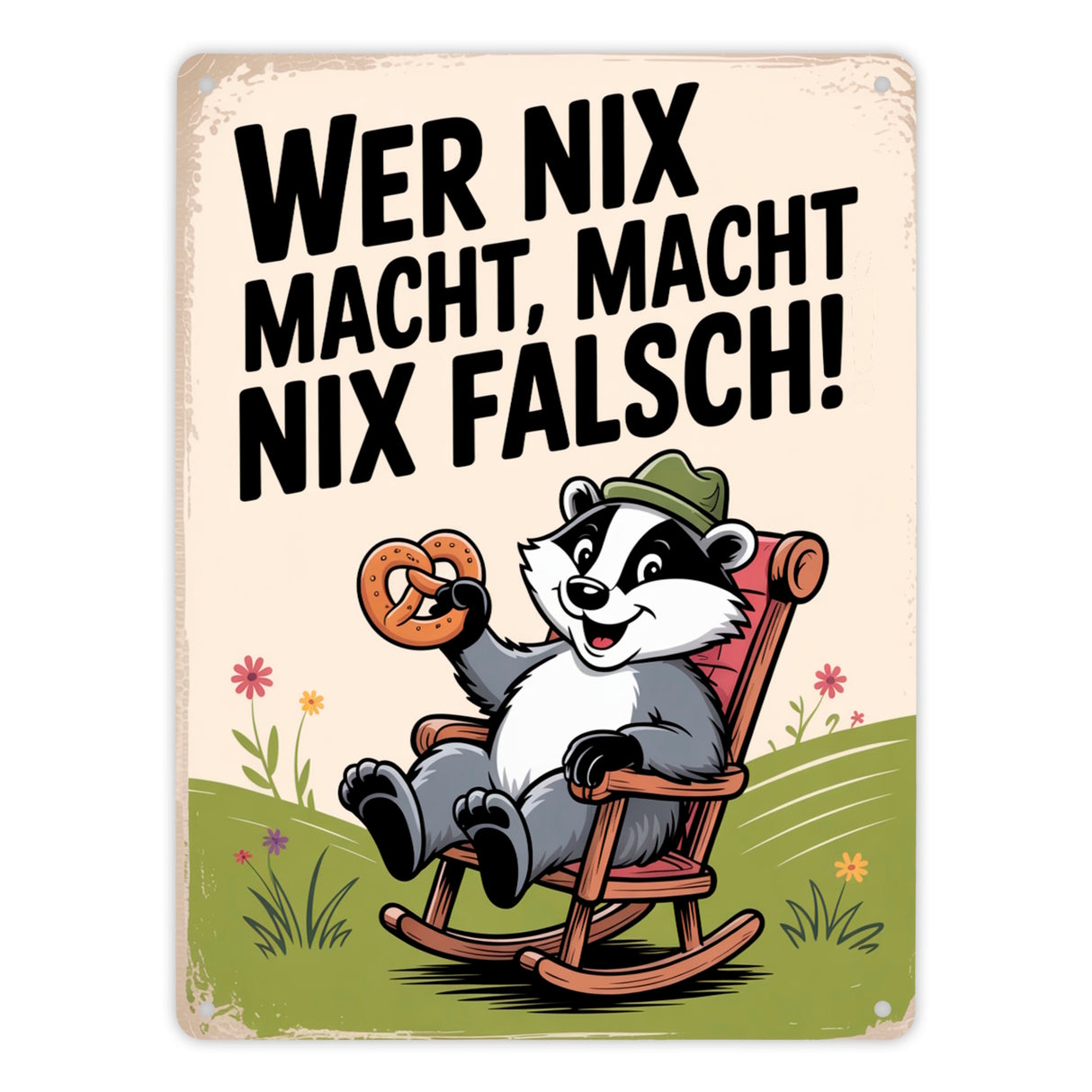 Dachs im Liegestuhl mit Brezel Spruch Metallschild in 15x20 cm
