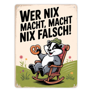 Dachs im Liegestuhl mit Brezel Spruch Metallschild in 15x20 cm