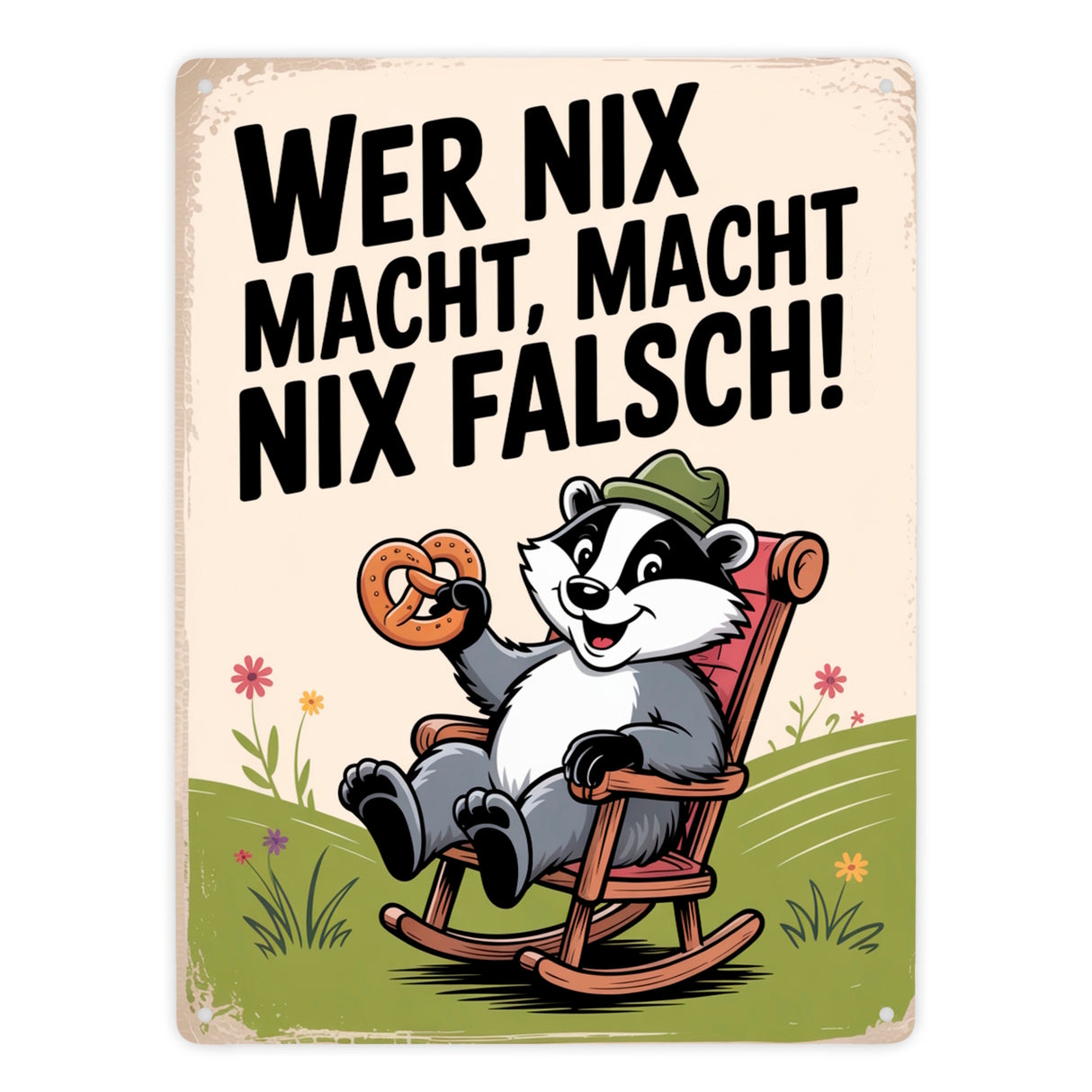 Dachs im Liegestuhl mit Brezel Spruch Metallschild in 15x20 cm
