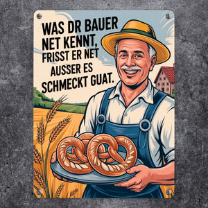 Fröhlicher Bauer Spruch Metallschild in 15x20 cm mit Brezeln