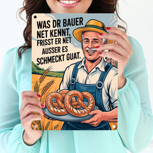 Fröhlicher Bauer Spruch Metallschild in 15x20 cm mit Brezeln