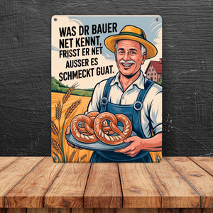 Fröhlicher Bauer Spruch Metallschild in 15x20 cm mit Brezeln