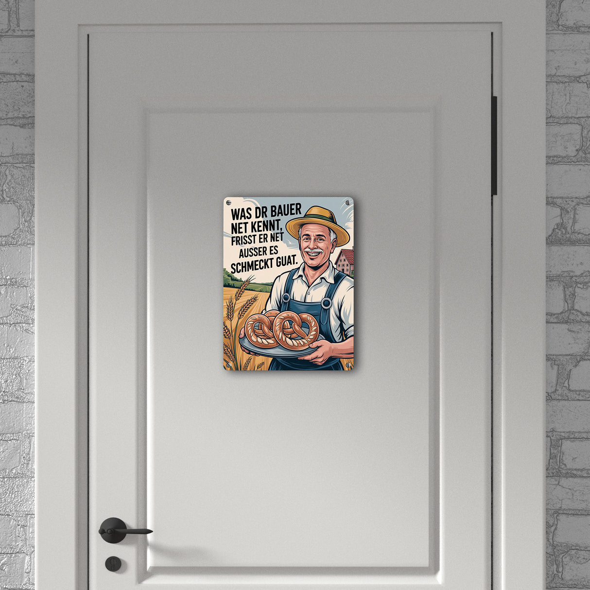 Fröhlicher Bauer Spruch Metallschild in 15x20 cm mit Brezeln