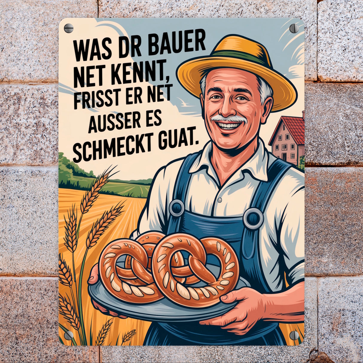 Fröhlicher Bauer Spruch Metallschild in 15x20 cm mit Brezeln
