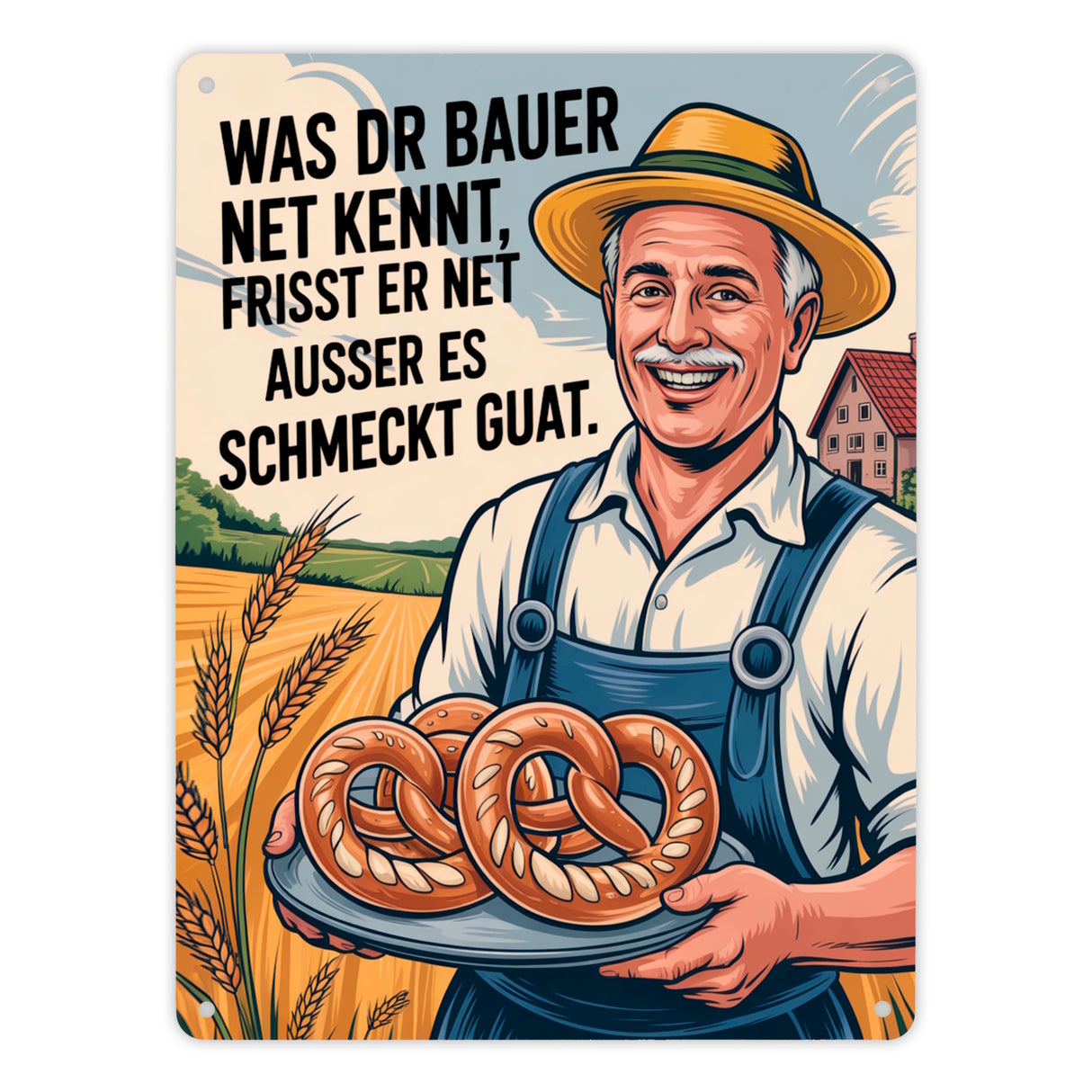 Fröhlicher Bauer Spruch Metallschild in 15x20 cm mit Brezeln