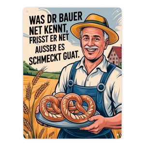 Fröhlicher Bauer Spruch Metallschild in 15x20 cm mit Brezeln