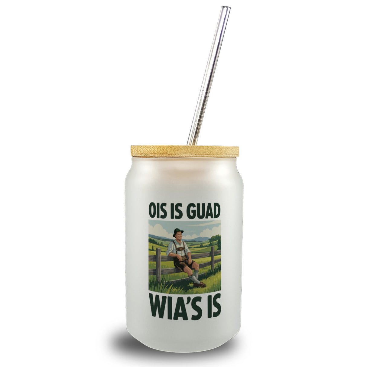Zufriedener Bauer Ois is guad wia´s is Trinkglas mit Bambusdeckel