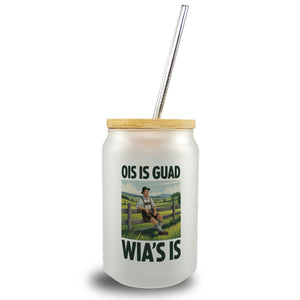 Zufriedener Bauer Ois is guad wia´s is Trinkglas mit Bambusdeckel