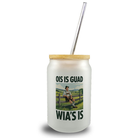 Zufriedener Bauer Ois is guad wia´s is Trinkglas mit Bambusdeckel