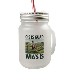 Zufriedener Bauer Ois is guad wia´s is Trinkglas mit Bambusdeckel