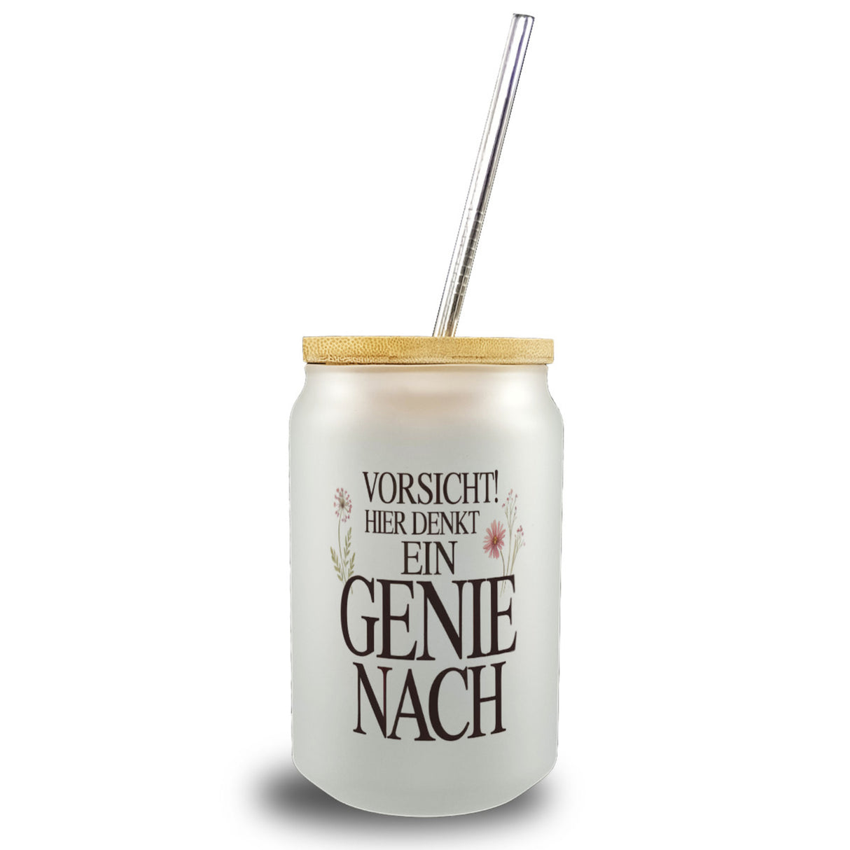 Vorsicht Genie am Werk Trinkglas mit Bambusdeckel Dekoration