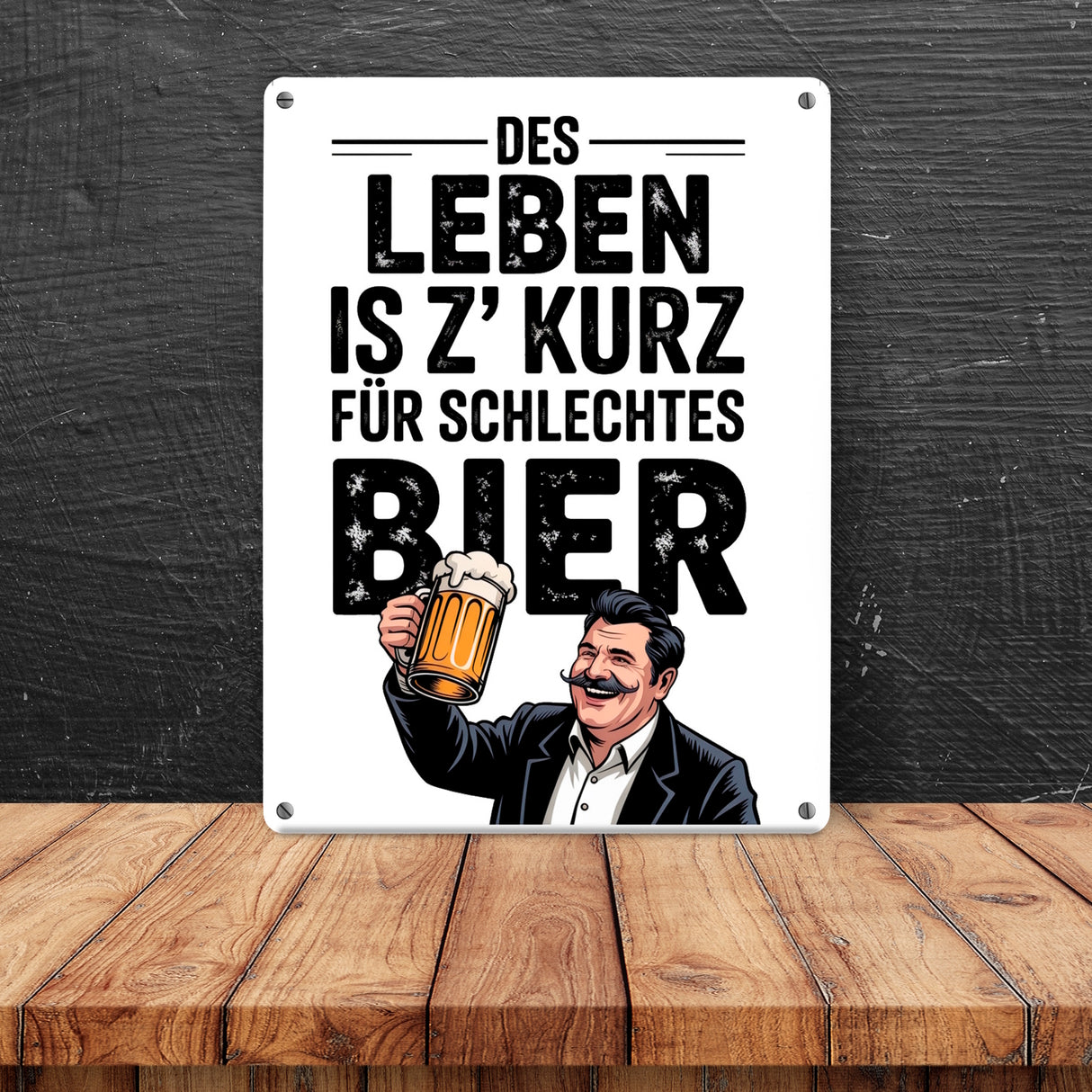Leben zu kurz für schlechtes Bier Metallschild in 15x20 cm Mann mit Bierkrug