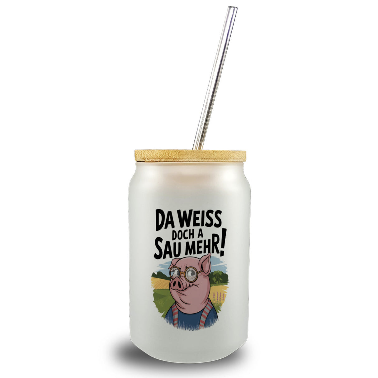 Cartoon Sau mit Brille Trinkglas mit Bambusdeckel A Sau weiß mehr