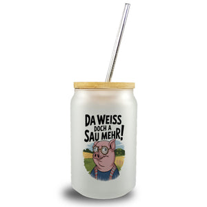 Cartoon Sau mit Brille Trinkglas mit Bambusdeckel A Sau weiß mehr