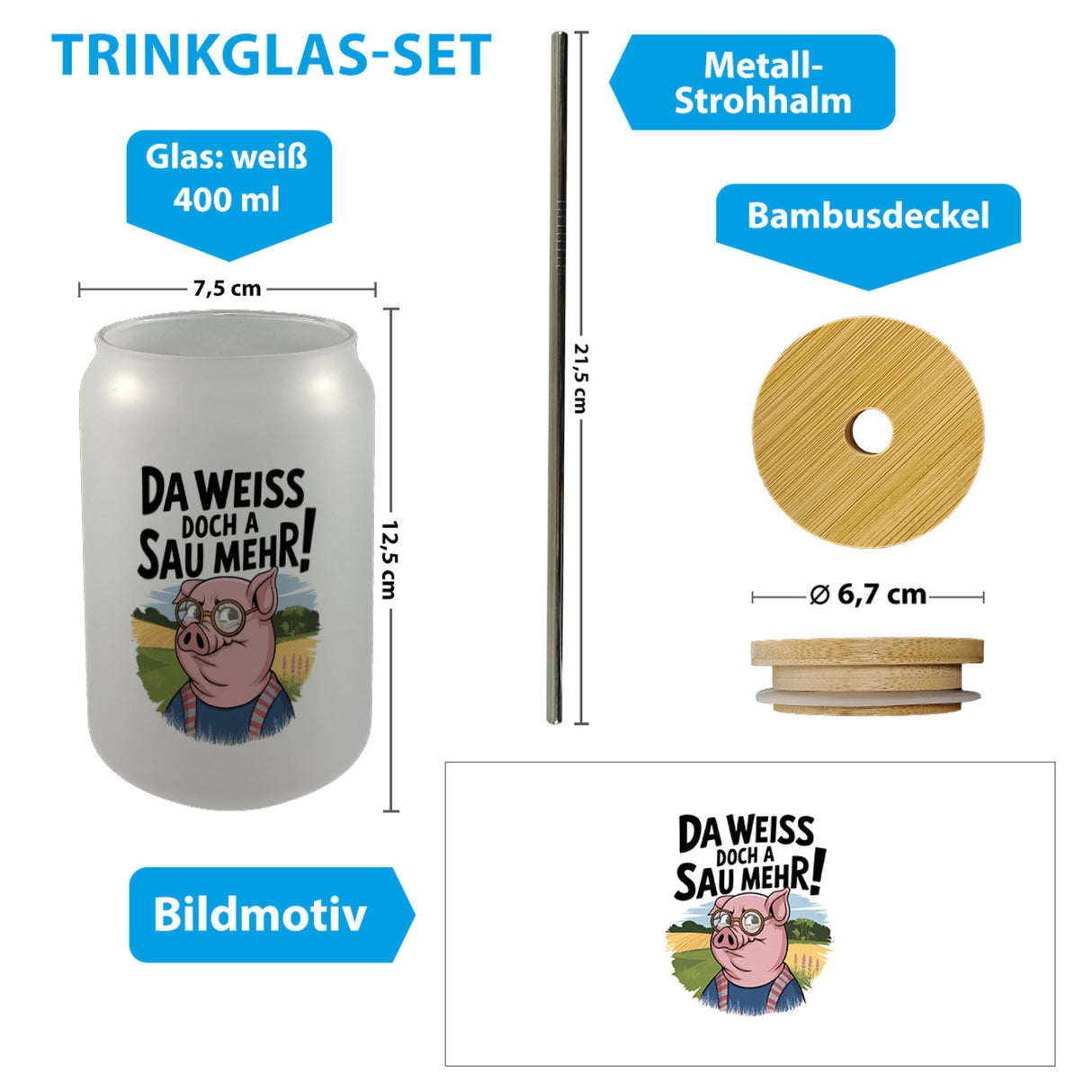 Cartoon Sau mit Brille Trinkglas mit Bambusdeckel A Sau weiß mehr