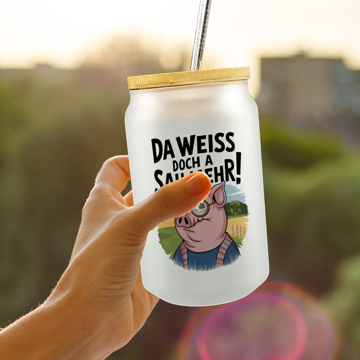 Cartoon Sau mit Brille Trinkglas mit Bambusdeckel A Sau weiß mehr