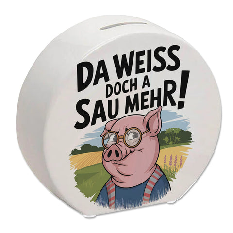 Cartoon Sau mit Brille Spardose A Sau weiß mehr