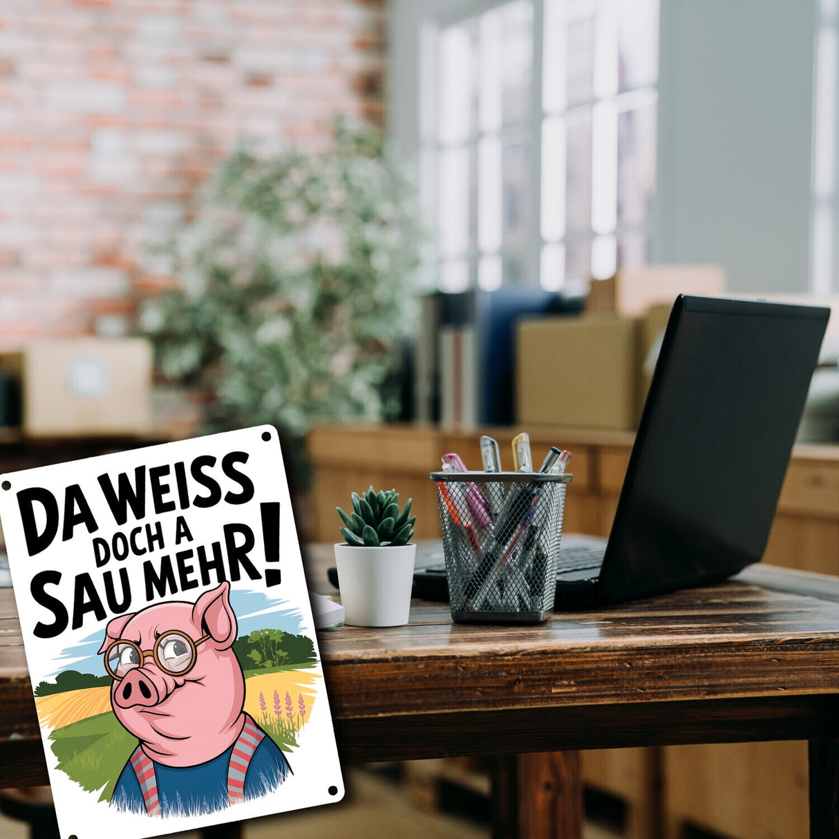 Cartoon Sau mit Brille Metallschild in 15x20 cm A Sau weiß mehr