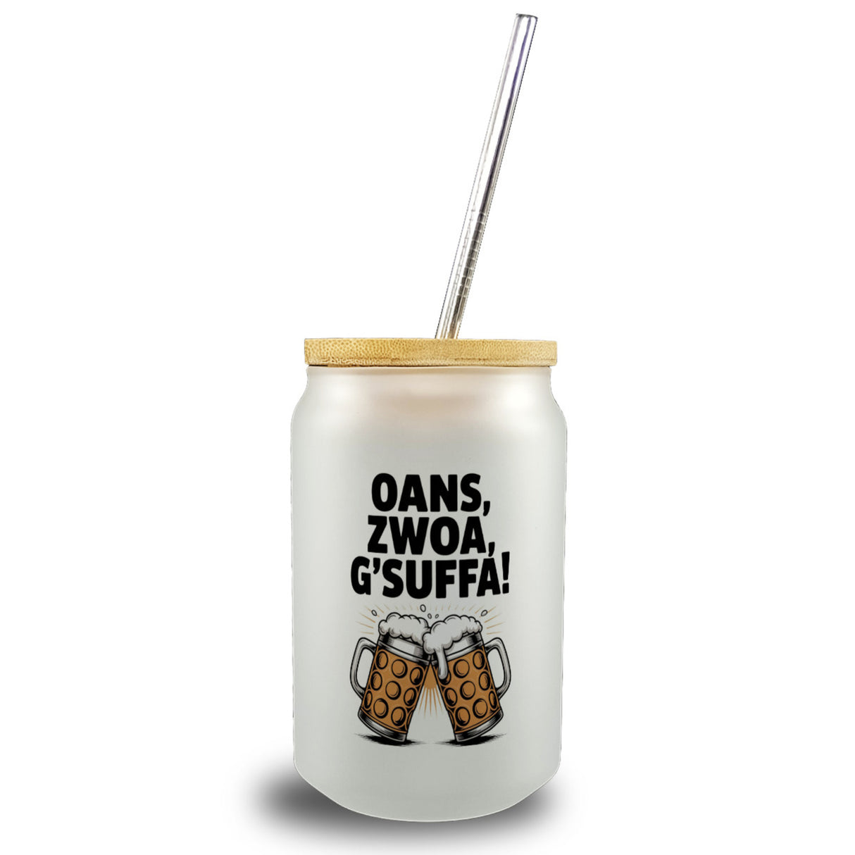 Zwei Bierkrüge Oans, zwoa, g’suffa Trinkglas mit Bambusdeckel