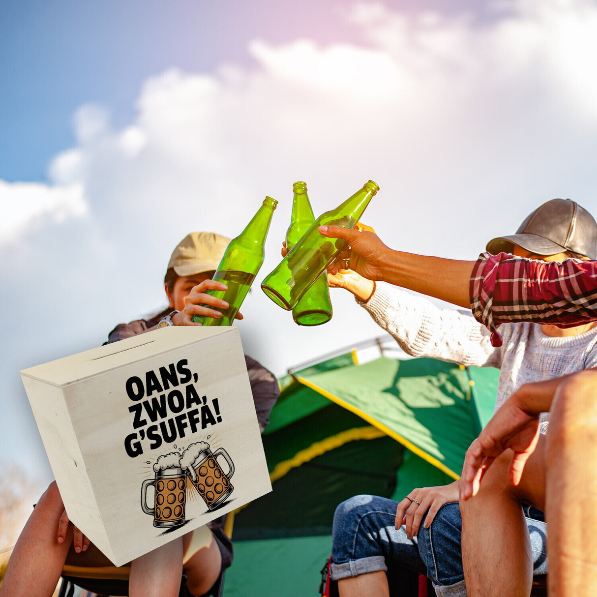 Zwei Bierkrüge Oans, zwoa, g’suffa Spardose
