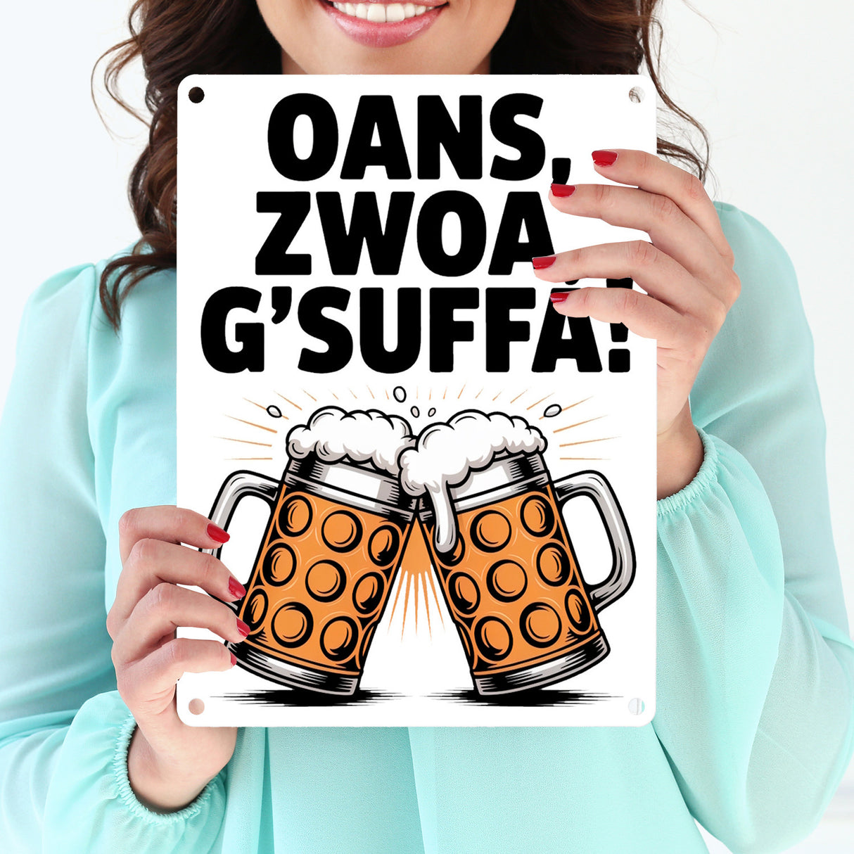 Zwei Bierkrüge Oans, zwoa, g’suffa Metallschild in 15x20 cm