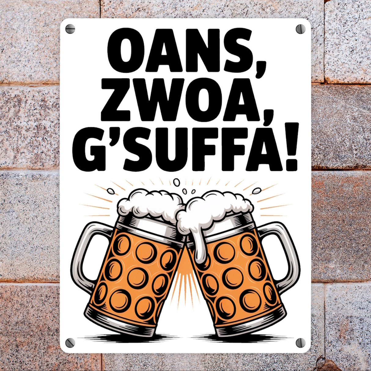 Zwei Bierkrüge Oans, zwoa, g’suffa Metallschild in 15x20 cm