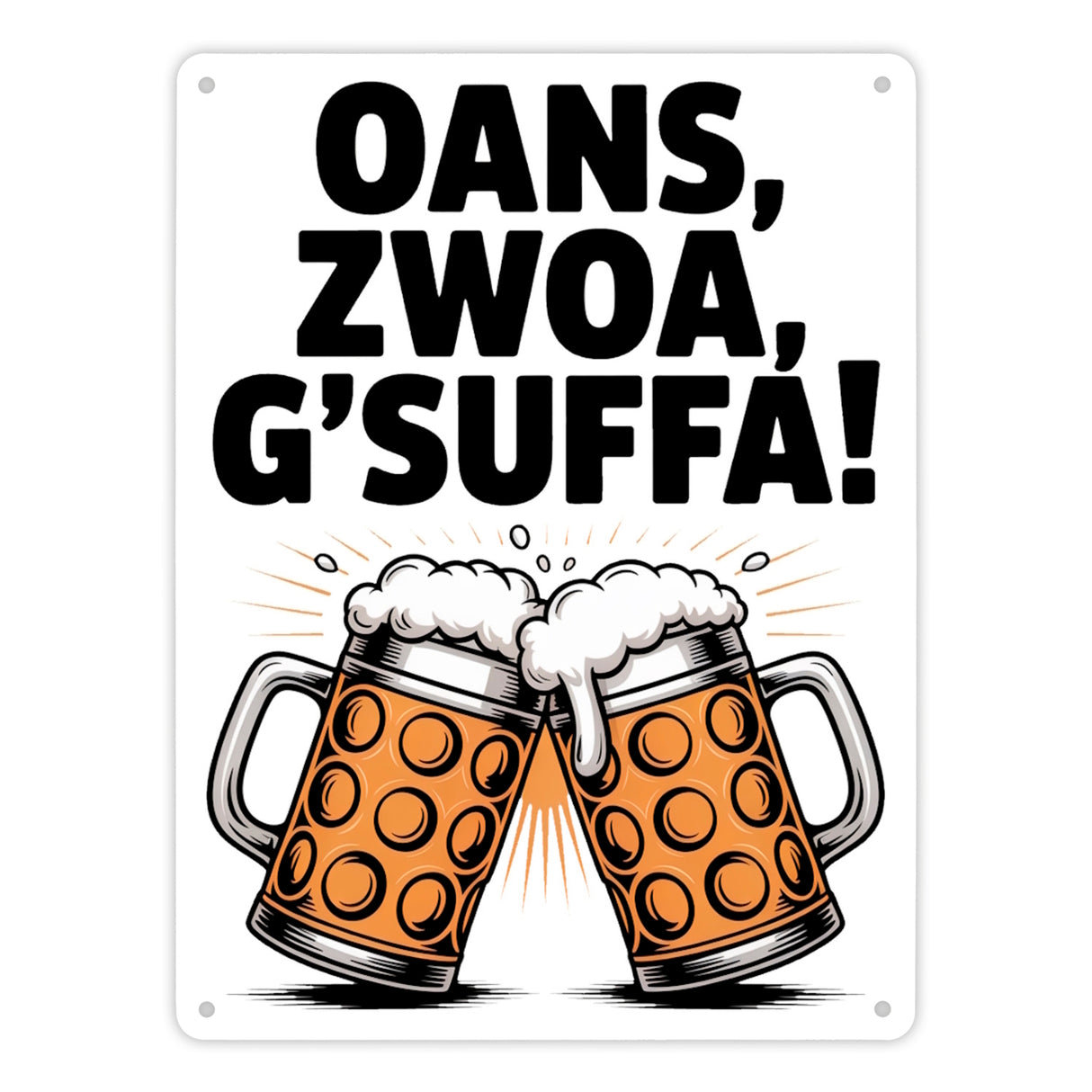 Zwei Bierkrüge Oans, zwoa, g’suffa Metallschild in 15x20 cm
