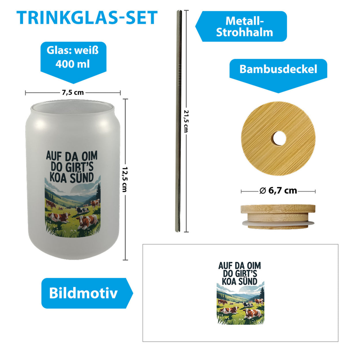 Auf da Oim, do gibt's koa Sünd Trinkglas mit Bambusdeckel Berglandschaft mit Kühen