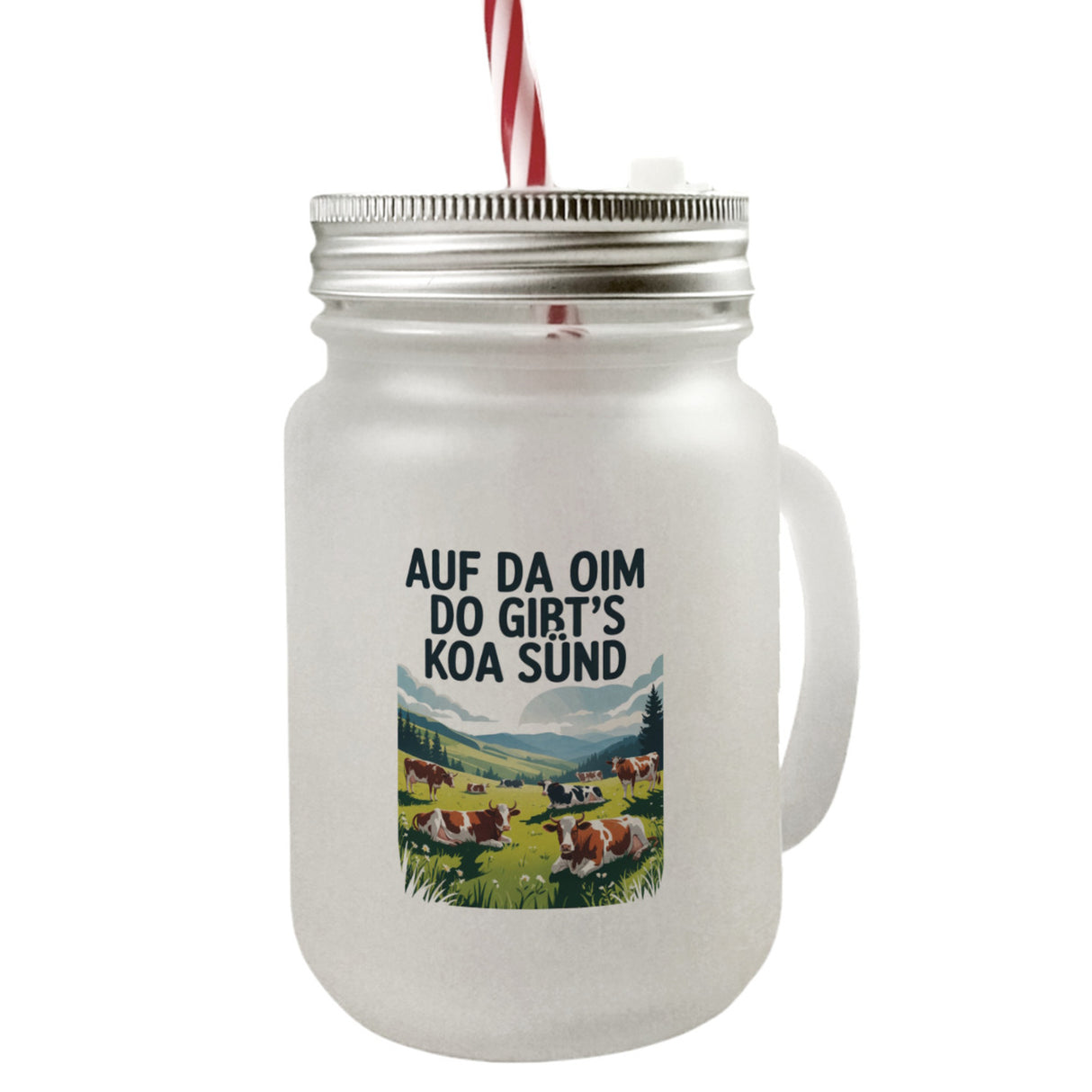 Auf da Oim, do gibt's koa Sünd Trinkglas mit Bambusdeckel Berglandschaft mit Kühen
