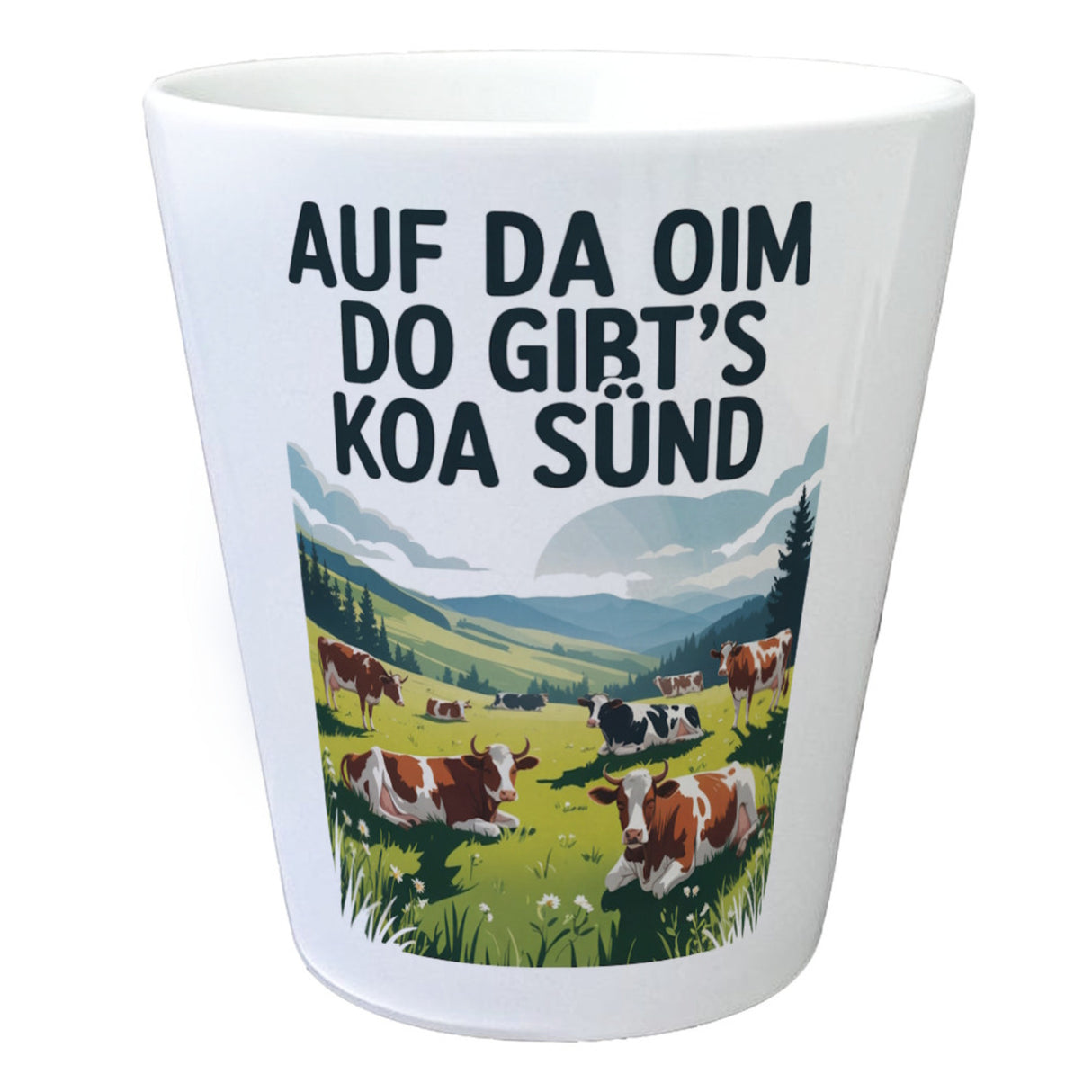 Auf da Oim, do gibt's koa Sünd Blumentopf Berglandschaft mit Kühen