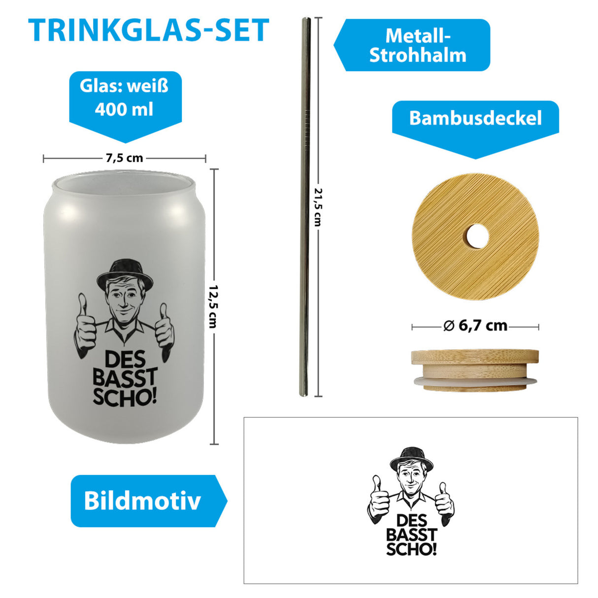 Mann mit Daumen hoch Des basst scho Trinkglas mit Bambusdeckel