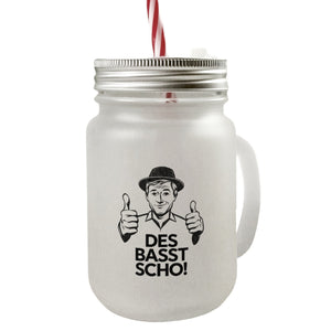 Mann mit Daumen hoch Des basst scho Trinkglas mit Bambusdeckel
