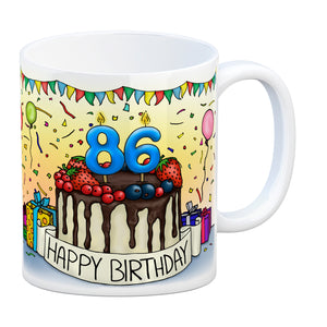 86. Geburtstag Tasse mit Kuchen und Geschenk und Anhänger: zum 31412. Tag
