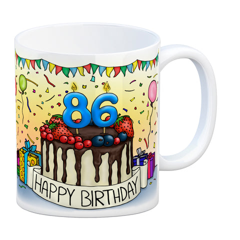 86. Geburtstag Tasse mit Kuchen und Geschenk und Anhänger: zum 31412. Tag