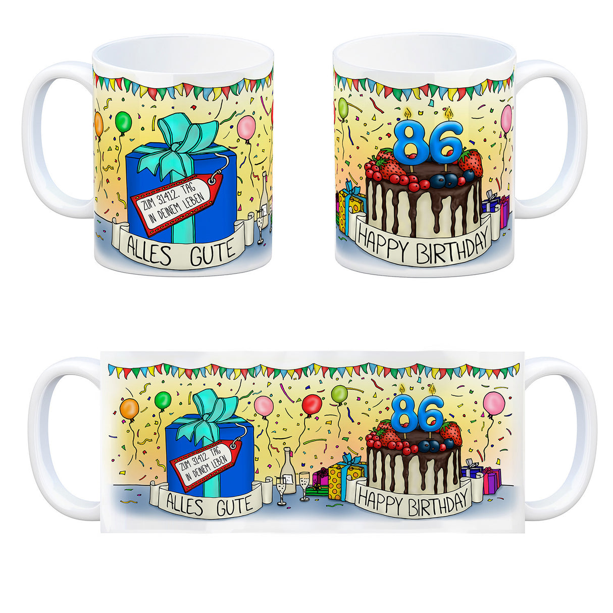 86. Geburtstag Tasse mit Kuchen und Geschenk und Anhänger: zum 31412. Tag