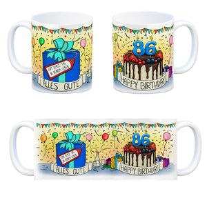 86. Geburtstag Tasse mit Kuchen und Geschenk und Anhänger: zum 31412. Tag