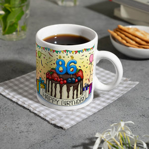86. Geburtstag Tasse mit Kuchen und Geschenk und Anhänger: zum 31412. Tag