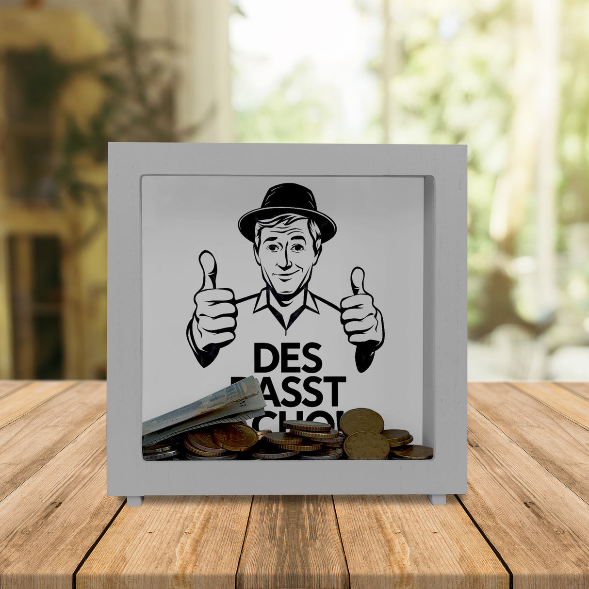 Mann mit Daumen hoch Des basst scho Spardose